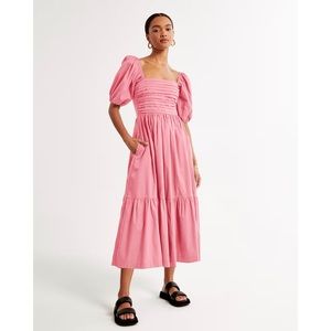 Abercrombie & Fitch Emerson Poplin Puff Sleeve Midi Dress Pink US Size M